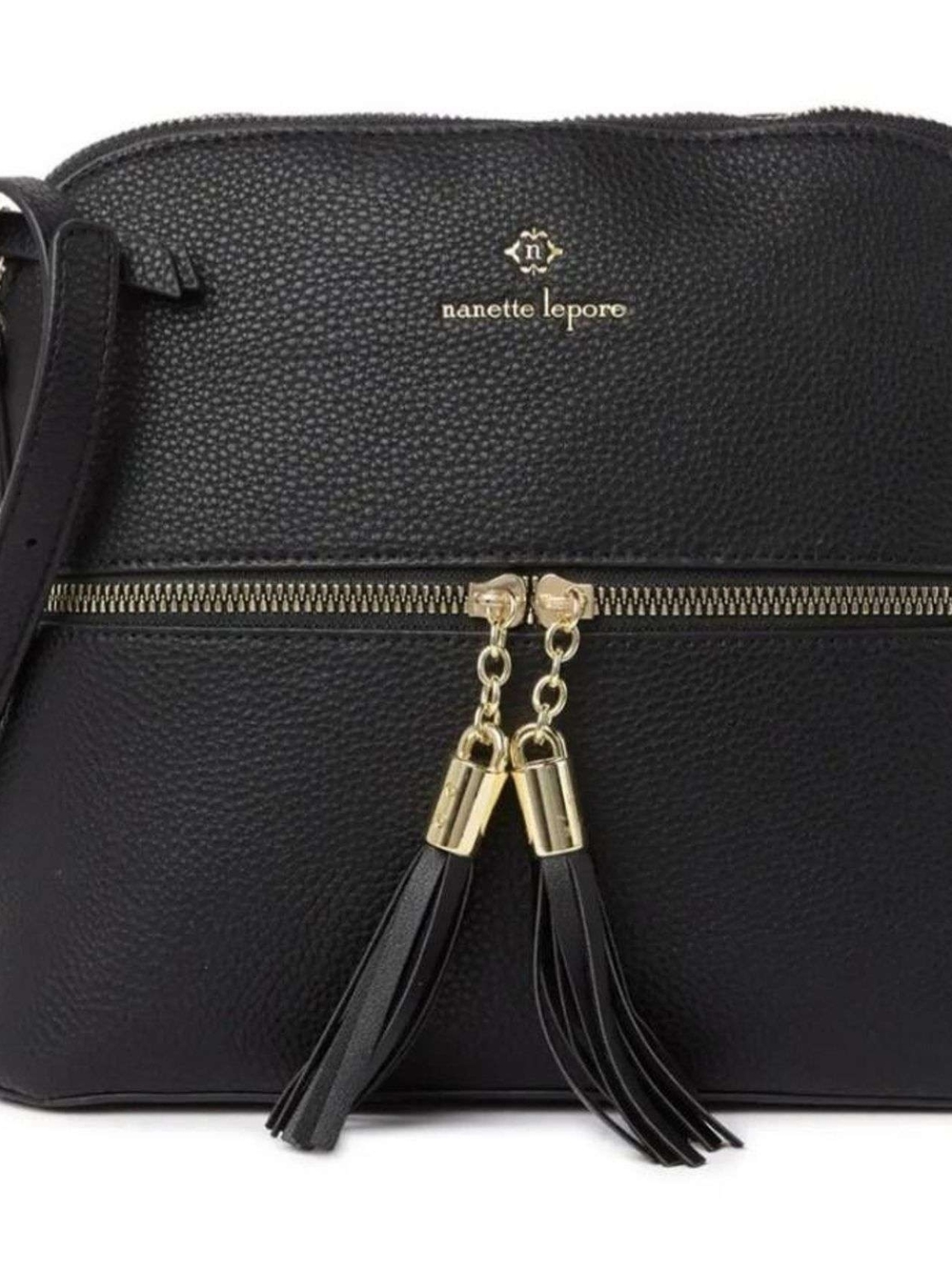 Nanette Lepore Black Pebbled Leather Crossbody with Gold Tassel Zippers